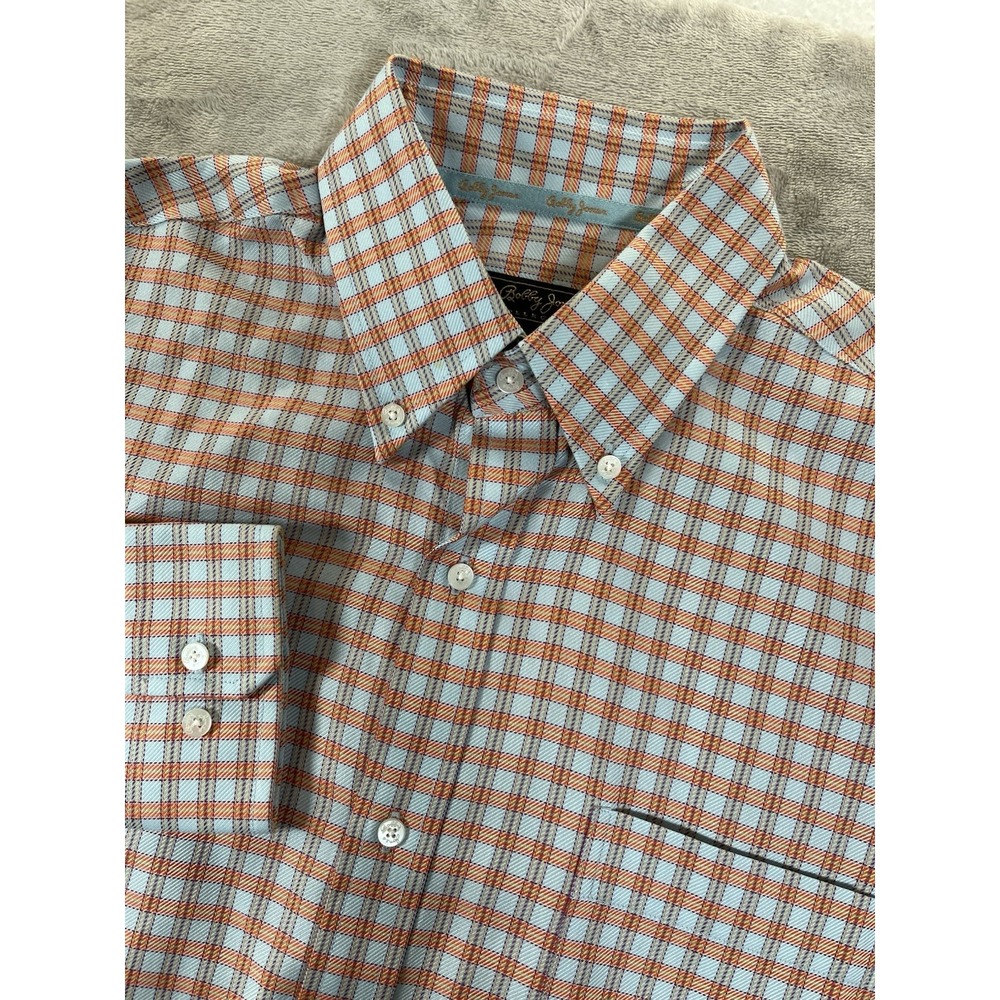 Bobby Jones Collection Shirt Woven in Italy 100% Cotton Orange Plaid‎ L 16-16.5